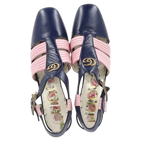 Gucci GG Logo T-Strap Mid-Heeled Sandals in Blue and Pink Leather - Picture 2 of 6
